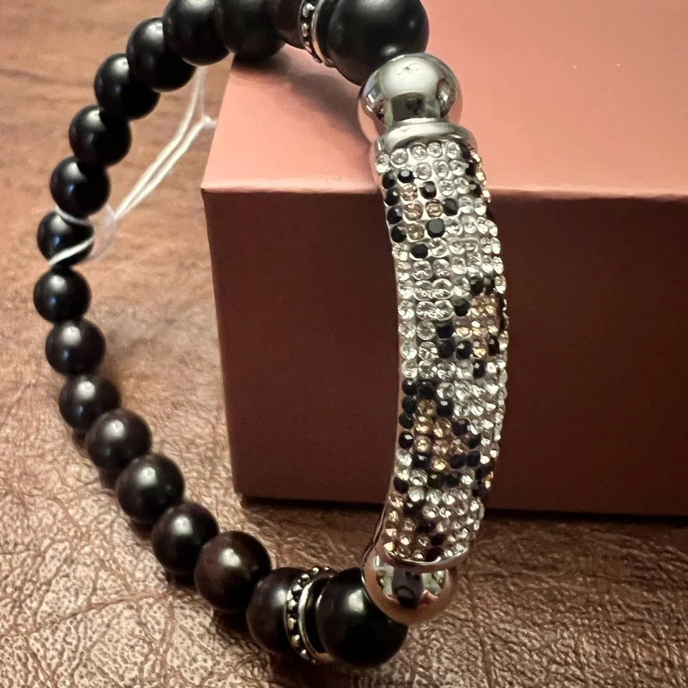 Park Lane Leo Black Beaded Stretch Bracelet, Silver Pavé, March Sparkle Box, New - Picture 3 of 6